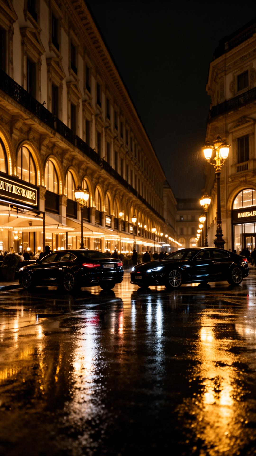 Milano di notte sotto la pioggia, luci dei ristoranti eleganti