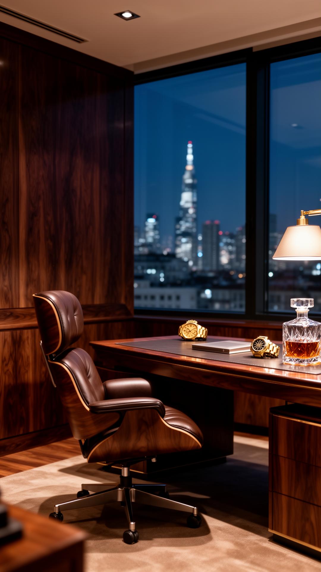 Ufficio executive con pannelli in noce scuro e skyline di Milano