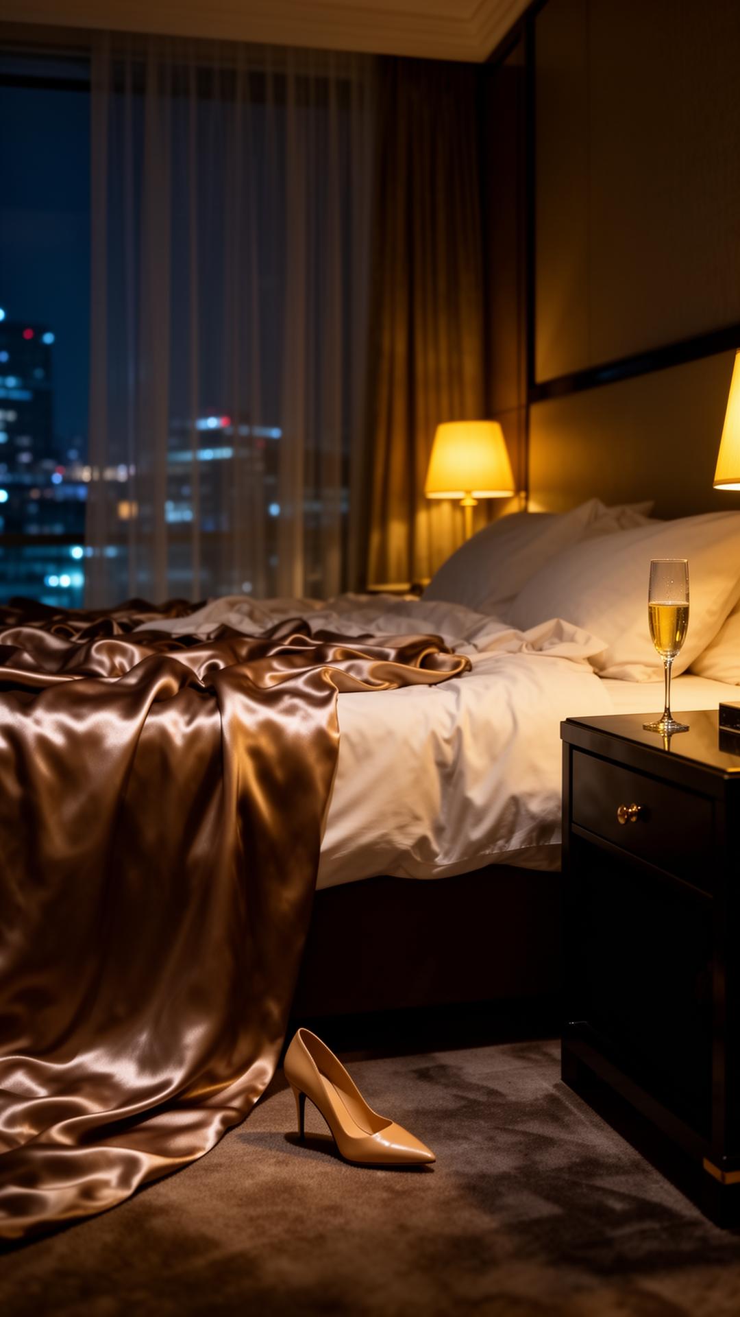 Suite d'hotel di lusso, lenzuola di seta e calice di champagne
